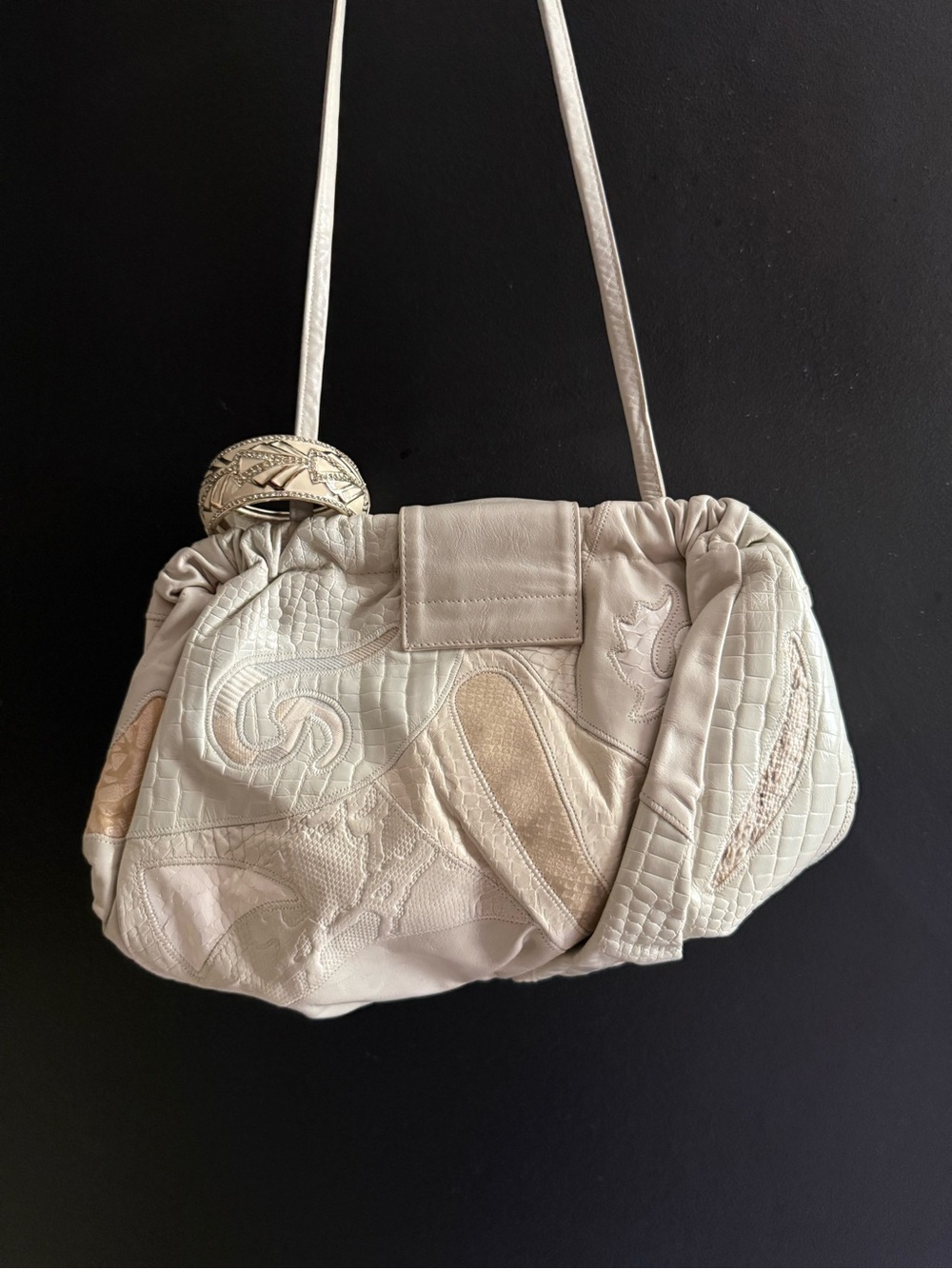 SHARIF Leather Cream Ivory Quilted Patchwork 1980 Shoulder Bag Quiet Luxury VTG - Picture 4 of 15